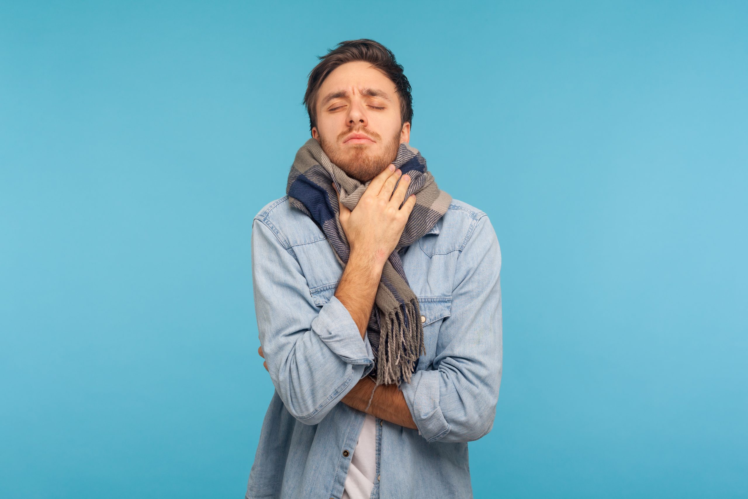 Portrait,Of,Unhealthy,Flu-sick,Man,Standing,Wrapped,In,Warm,Scarf